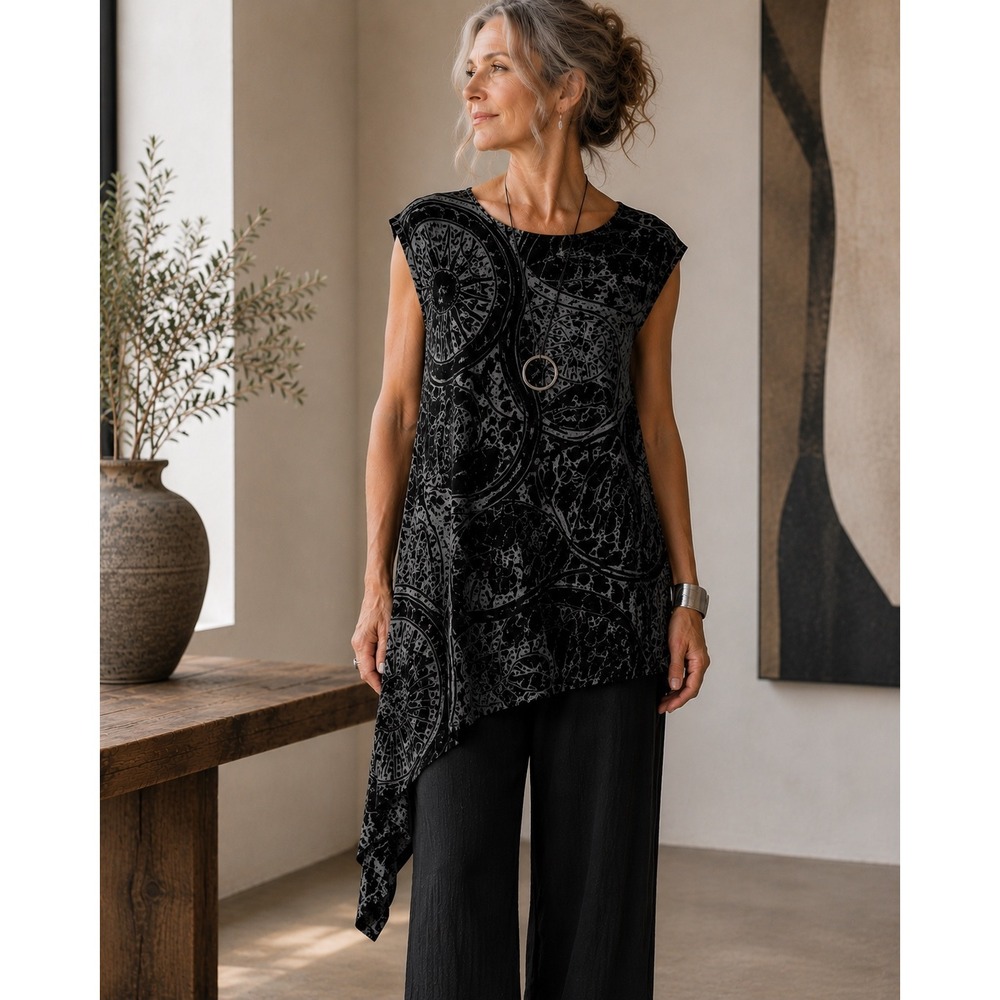 Bryn‎ Walker Tunic Women S Abstract Print Asymmetrical Lagenlook Grey Black USA